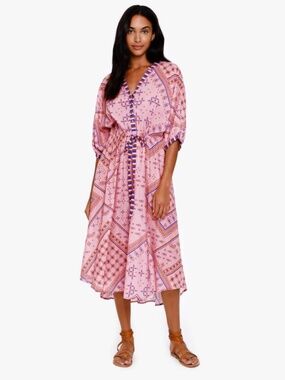 XíRENA Gillian Dress In Texas Rose XS Pink Blue Midi Cotton Boho USA Made